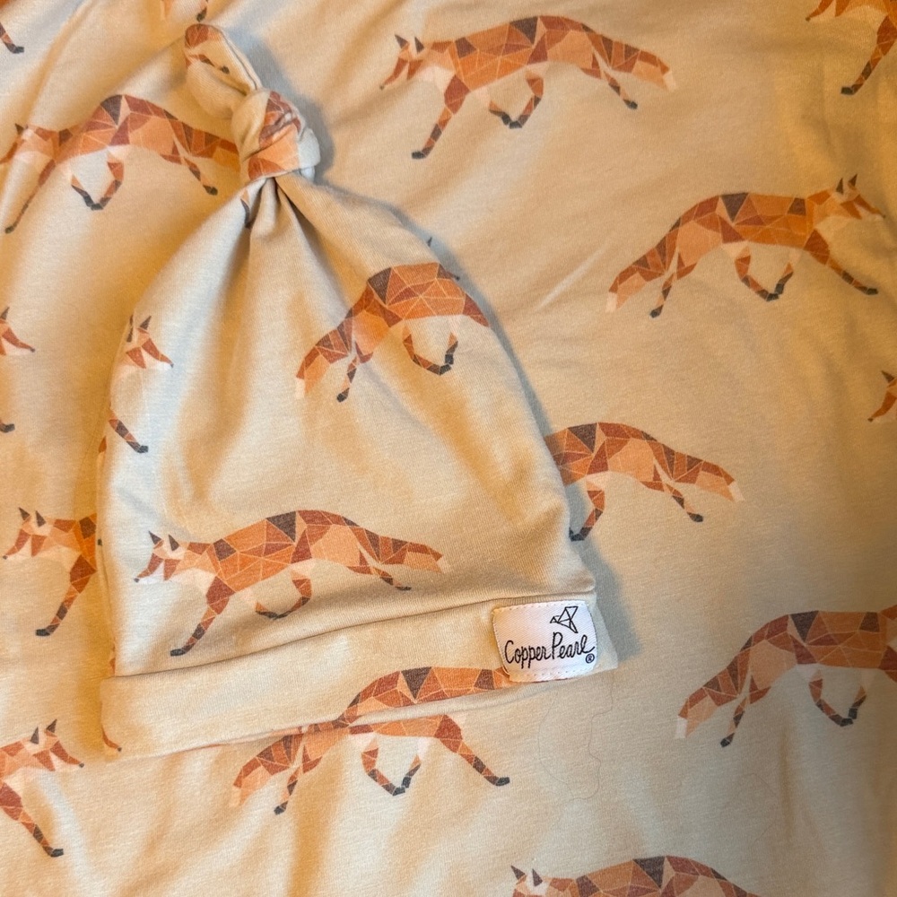 Copper Pearl knotted hat and swaddle set with Fox Print